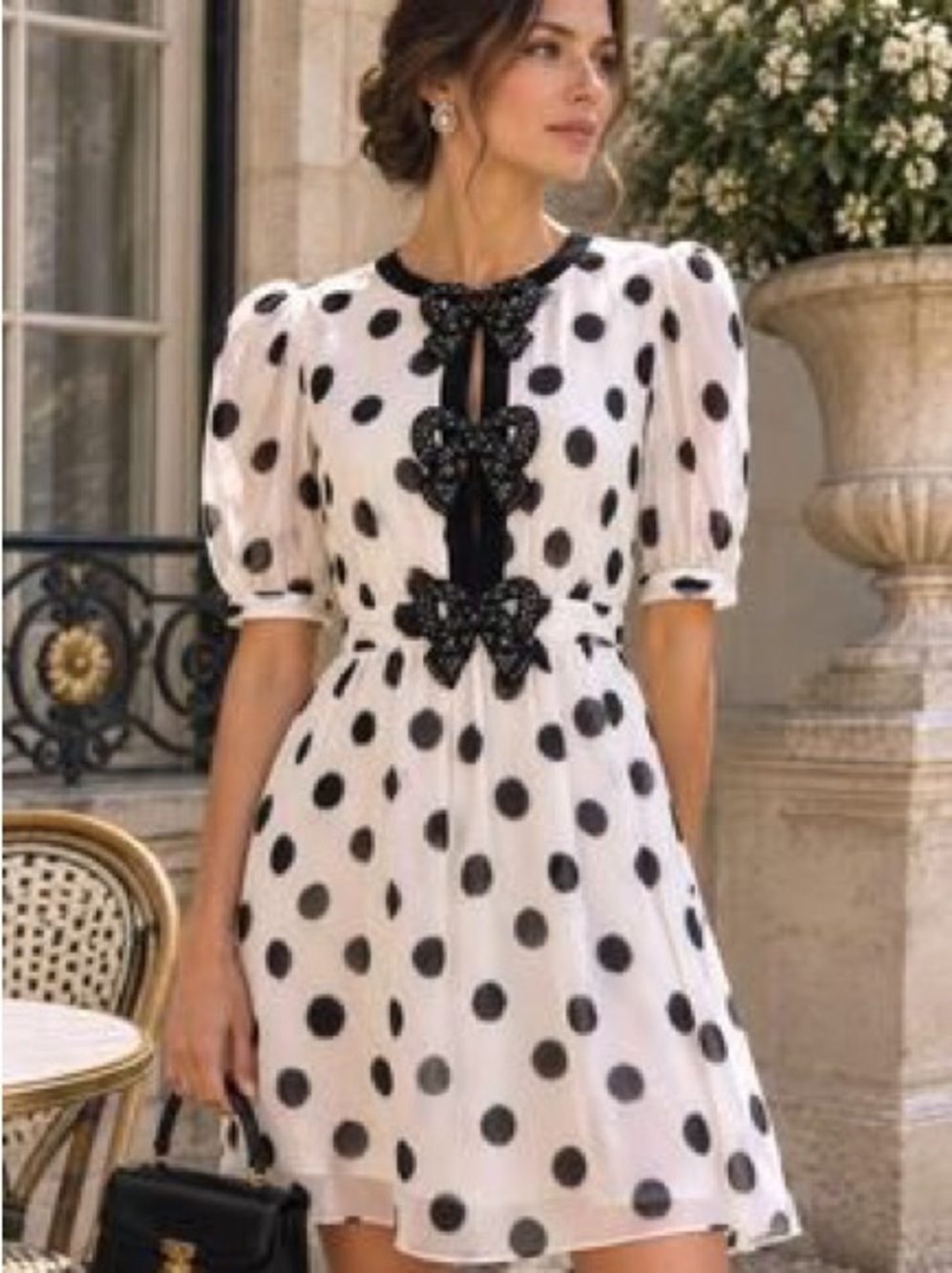 SALONI White Polka Dot Short Dress with Black Bow Trim